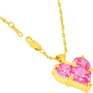 Pink Cubic Zirconia Heart Necklace 24k Gold Plated Women